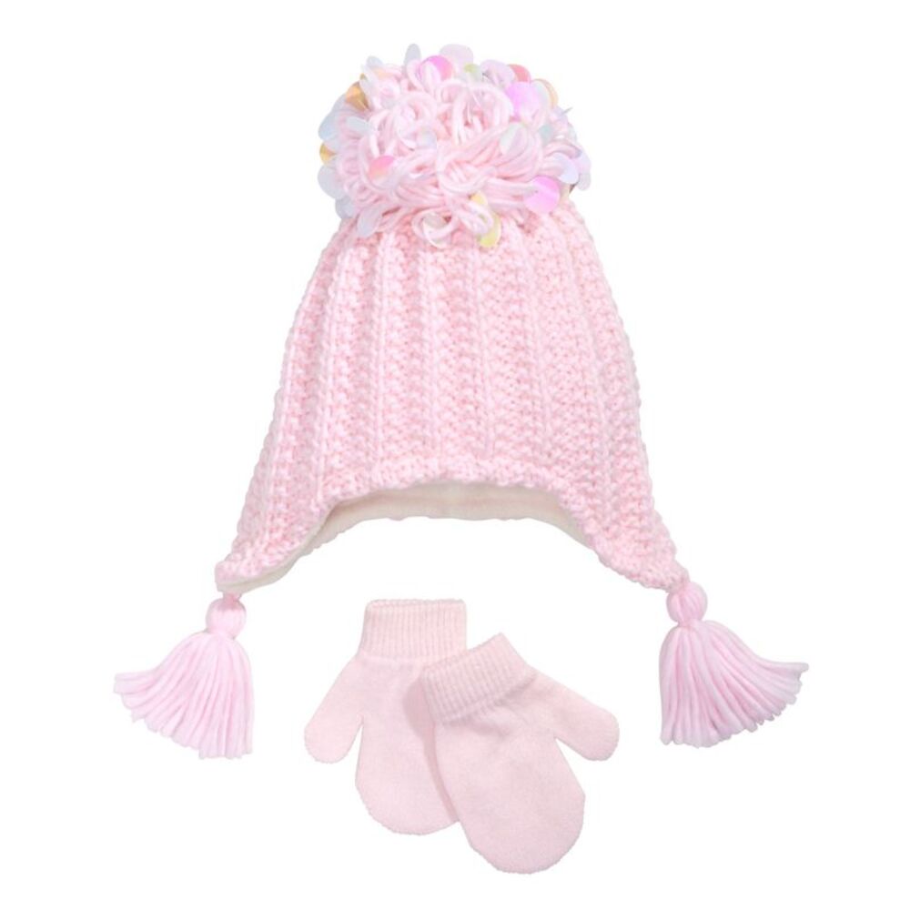 Fab Toddler Girls 2 Pc. Sequinned Tassels Hat Mittens Set